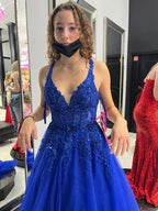 Abito da sera blu con applicazioni in tulle a linea ad A Abito da cerimonia blu Y6450