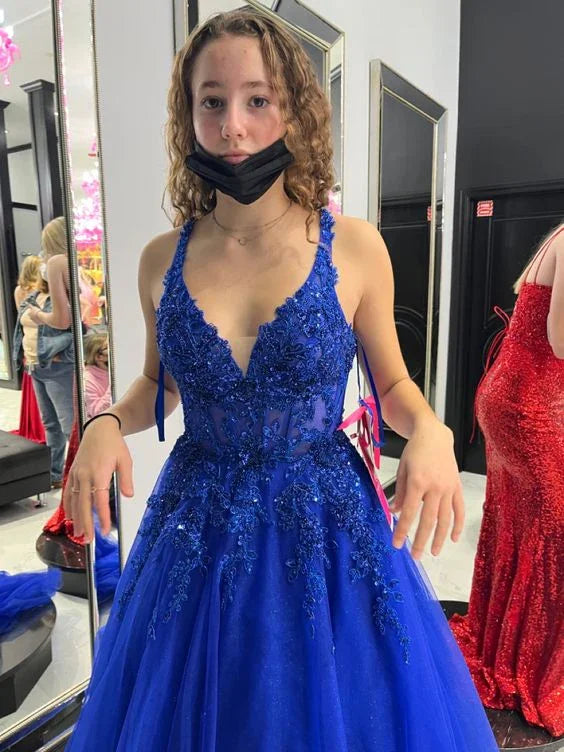 Abito da sera blu con applicazioni in tulle a linea ad A Abito da cerimonia blu Y6450