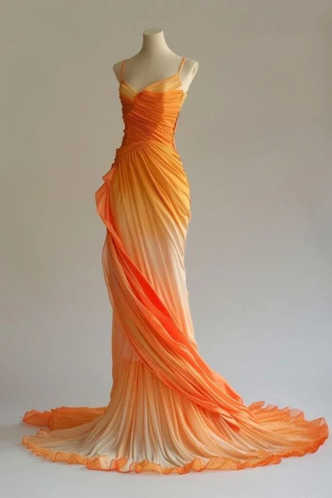 Vestido de Noite Sereia em Chiffon Laranja Elegante Vestido Longo de Baile Y8366