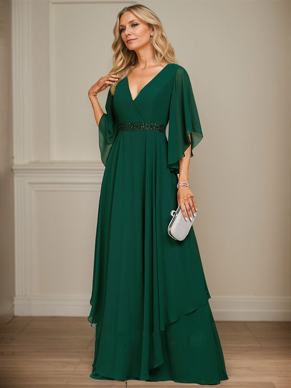 A-Linie V-Ausschnitt Bodenlang Chiffon Kleid für die Brautmutter mit Pailletten Applikationen Spitze Perlen 