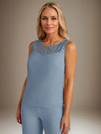 بدلة بنطلون الأم العروس بأكمام طويلة من الشيفون وياقة دائرية مع سترة