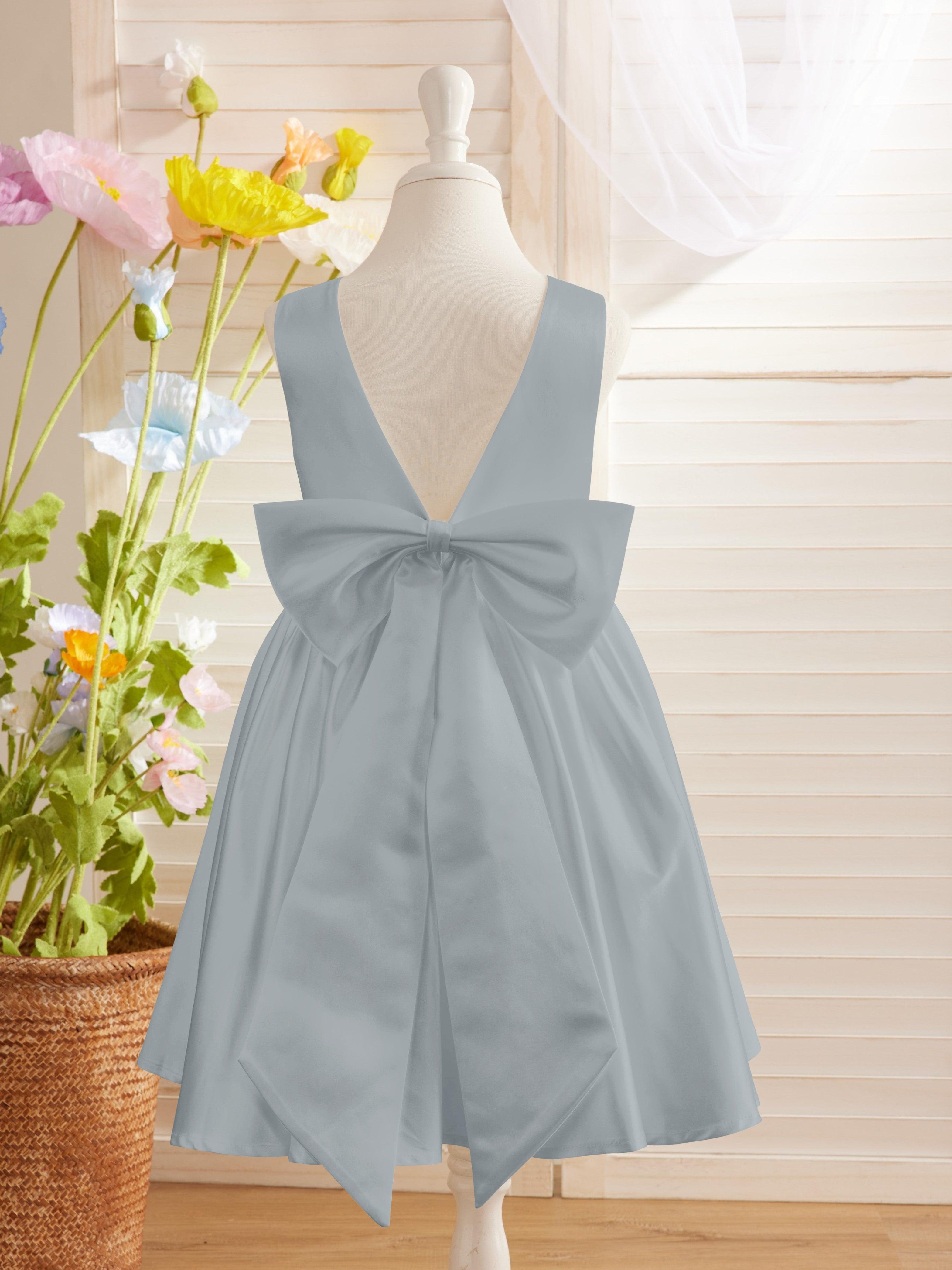 Ivory Satin Princess Flower Girl Knee Length Dress With Bow