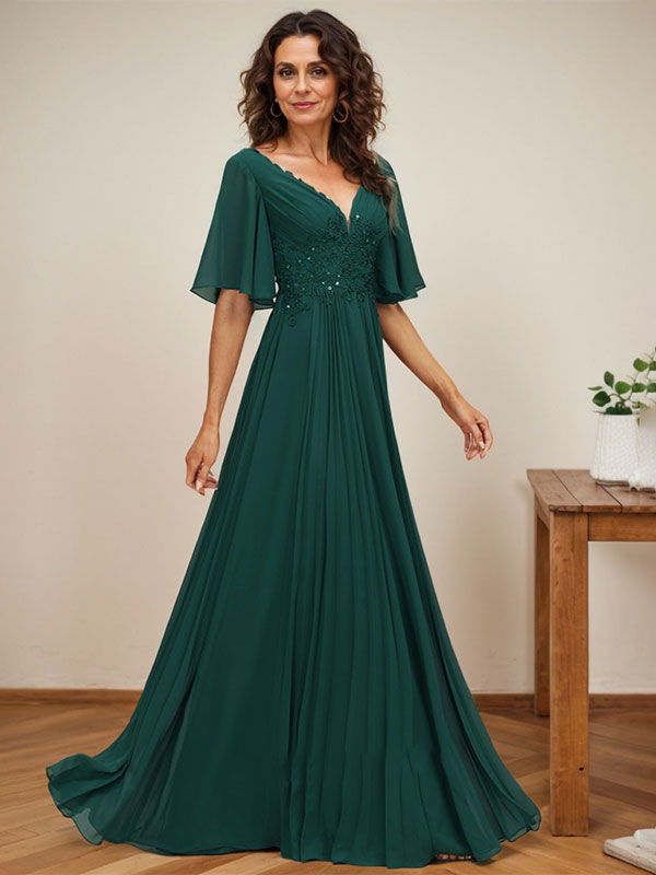 Robe de mère de la mariée en mousseline longueur au sol, coupe en A, col en V, ornée d'appliques en dentelle plissée et de paillettes