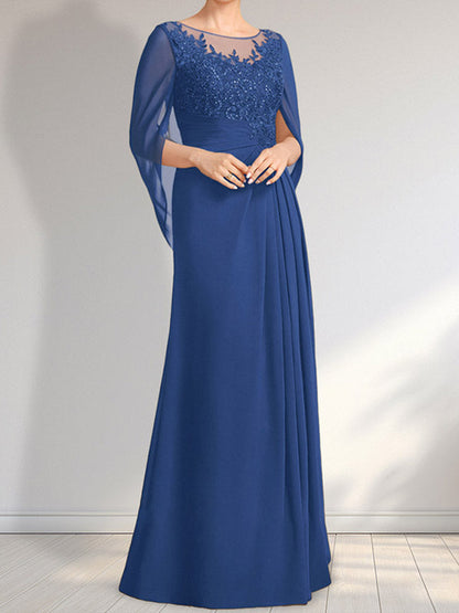 A-Linie, U-Ausschnitt, Illusion, bodenlanges Chiffon-Kleid für die Brautmutter mit plissierten Pailletten