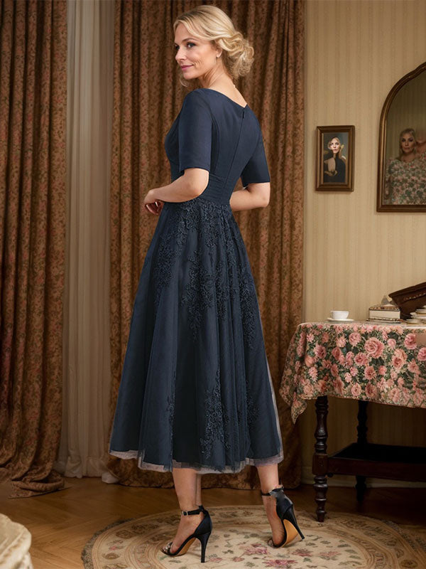 A-Linie V-Ausschnitt Wadenlanges Tüll-Spitzenkleid für die Brautmutter mit Plissee