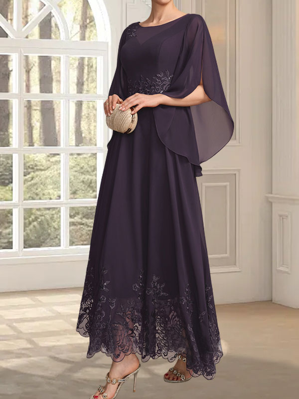 A-Linie, U-Ausschnitt, Illusion, knöchellang, Spitzen-Chiffon, Kleid für die Brautmutter mit Pailletten 