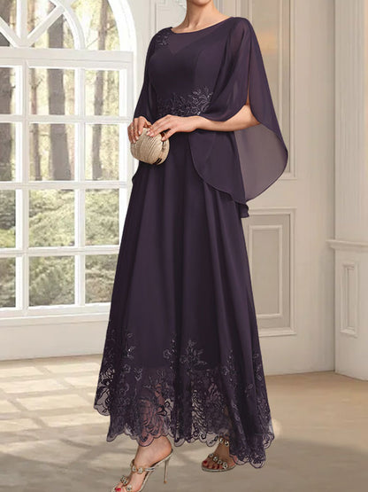 A-Linie, U-Ausschnitt, Illusion, knöchellang, Spitzen-Chiffon, Kleid für die Brautmutter mit Pailletten 