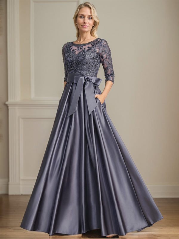 A-Linie, U-Ausschnitt, Illusion, bodenlanges Satin-Spitzenkleid für die Brautmutter mit Paillettenschleife 