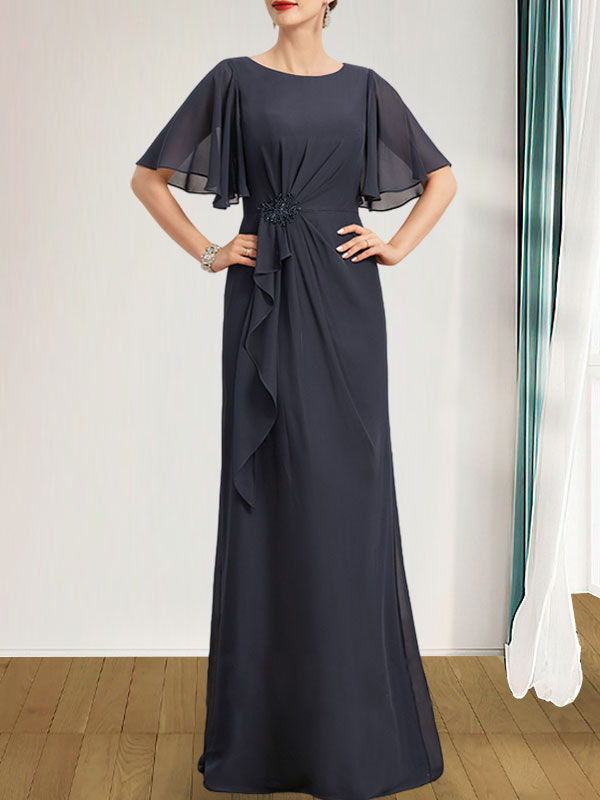 Robe de mère de la mariée en mousseline longueur au sol, en ligne A, décolleté arrondi, avec volants en cascade, perles et paillettes