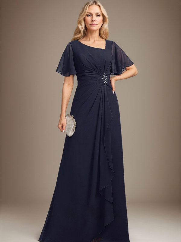 Abito da madre della sposa in chiffon asimmetrico a linea ad A, lungo fino al pavimento, con perline plissettate e paillettes