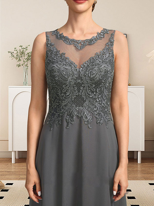 A-Linie, U-Ausschnitt, Illusion, bodenlanges Spitzen-Chiffon-Kleid für die Brautmutter mit Pailletten