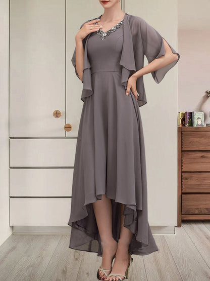 Vestido de gasa asimétrico para madre de la novia con escote en V, corte A y lentejuelas con abalorios