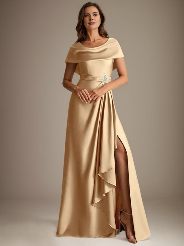 Robe de mère de la mariée en satin extensible, longueur au sol, coupe en A avec encolure dégagée et volants en cascade