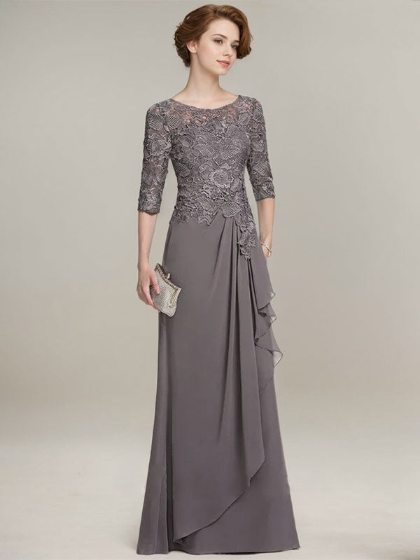 Robe de mère de la mariée en dentelle et mousseline, longueur au sol, coupe en A, décolleté illusion en forme de goutte, avec volants en cascade