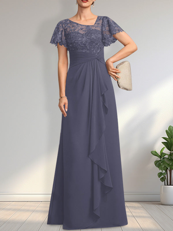 Robe de mère de la mariée en dentelle et mousseline, longueur au sol, illusion asymétrique en ligne A, avec volants en cascade et paillettes