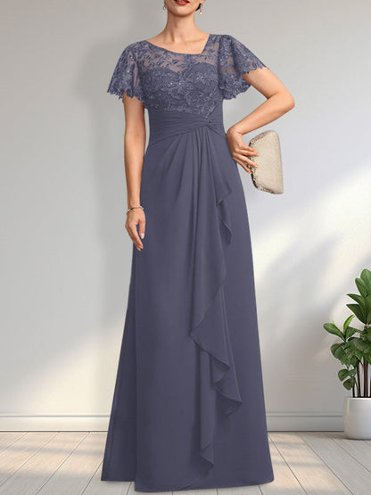 Vestido de madre de la novia de gasa con encaje, ilusión asimétrica, largo hasta el suelo, con volantes en cascada y lentejuelas. 