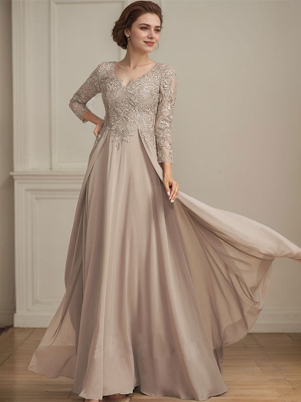 Robe de mère de la mariée en mousseline de soie à dentelle, longueur au sol, en ligne A, col en V, ornée de paillettes
