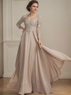 Robe de mère de la mariée en mousseline de soie à dentelle, longueur au sol, en ligne A, col en V, ornée de paillettes