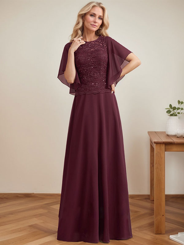 A-Linie, U-Ausschnitt, Illusion, bodenlanges Spitzen-Chiffon-Kleid für die Brautmutter mit Pailletten 