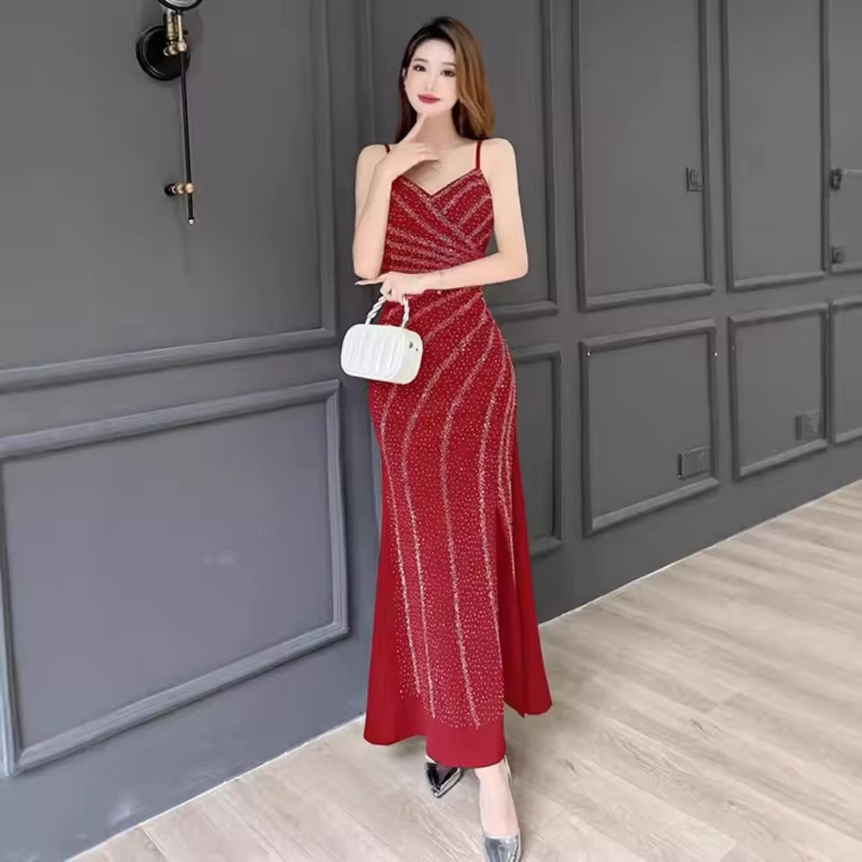 Vestido de Noite Sereia com Alças Finas e Franzido | Vestido de Baile Brilhante com Fenda Alta