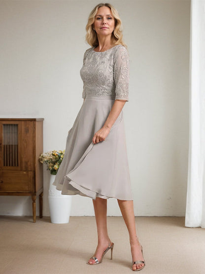 A-Linie U-Ausschnitt Knielang Chiffon Spitzenkleid für die Brautmutter