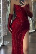 Sequin Strapless Long Mermaid Prom Dress With Split Detachable Sleeves