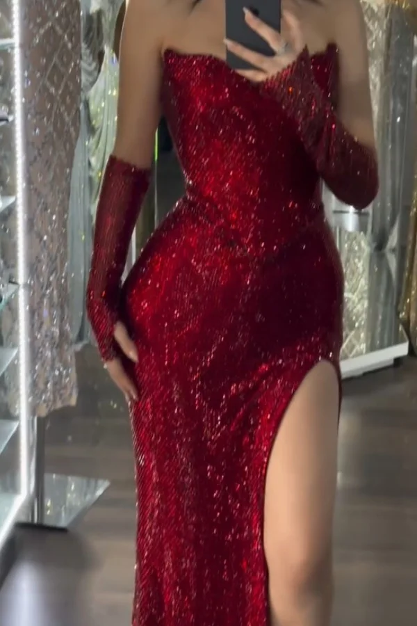Sequin Strapless Long Mermaid Prom Dress With Split Detachable Sleeves