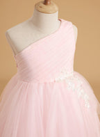 Enchanted Blush Princess Flower Girl Dress With Tulle Ruffles And Sweep Train