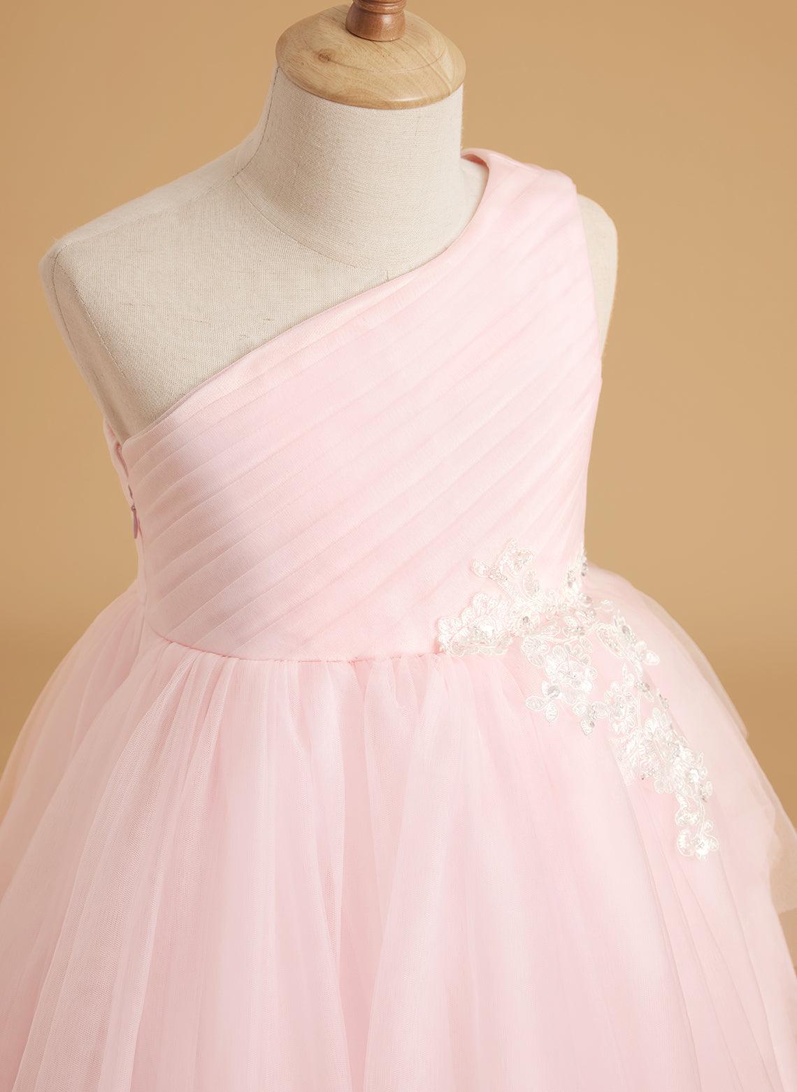 Enchanted Blush Princess Flower Girl Dress With Tulle Ruffles And Sweep Train