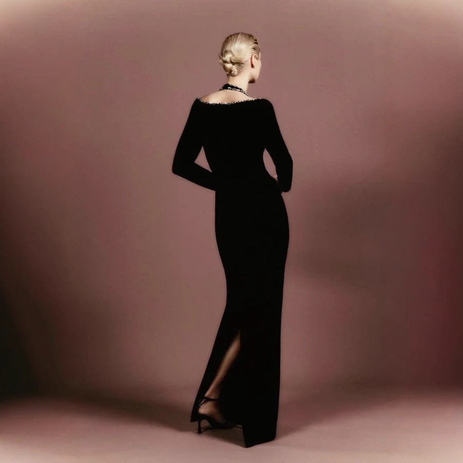 V-Neck Rhinestone Bandage Long Sleeve Fall Prom Dress