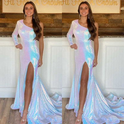 Stunning Long Sleeves Mermaid One Shoulder Prom Dresses with High Split