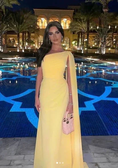 فستان سهرة طويل أنيق من الشيفون بكتف واحد أصفر Y7524
