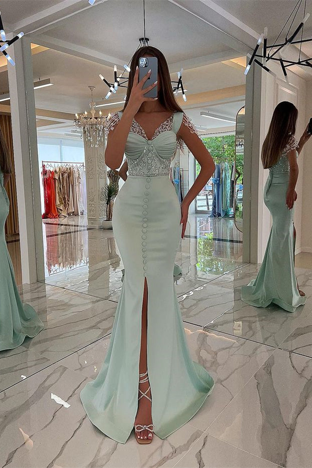 Mint Green Cap Sleeve Prom Dress Long Front Slit Beaded Evening Gown