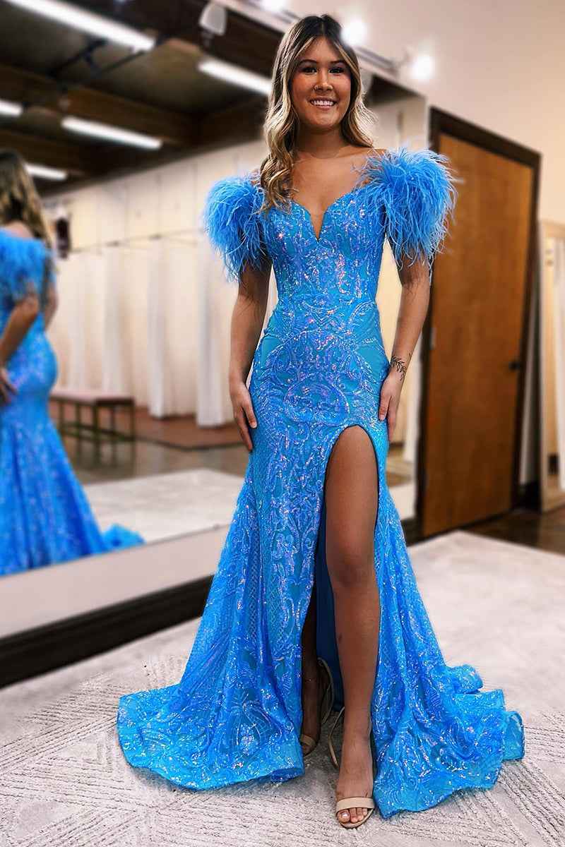Royal Blue Off Shoulder Mermaid Sequin Prom Dress With Feather