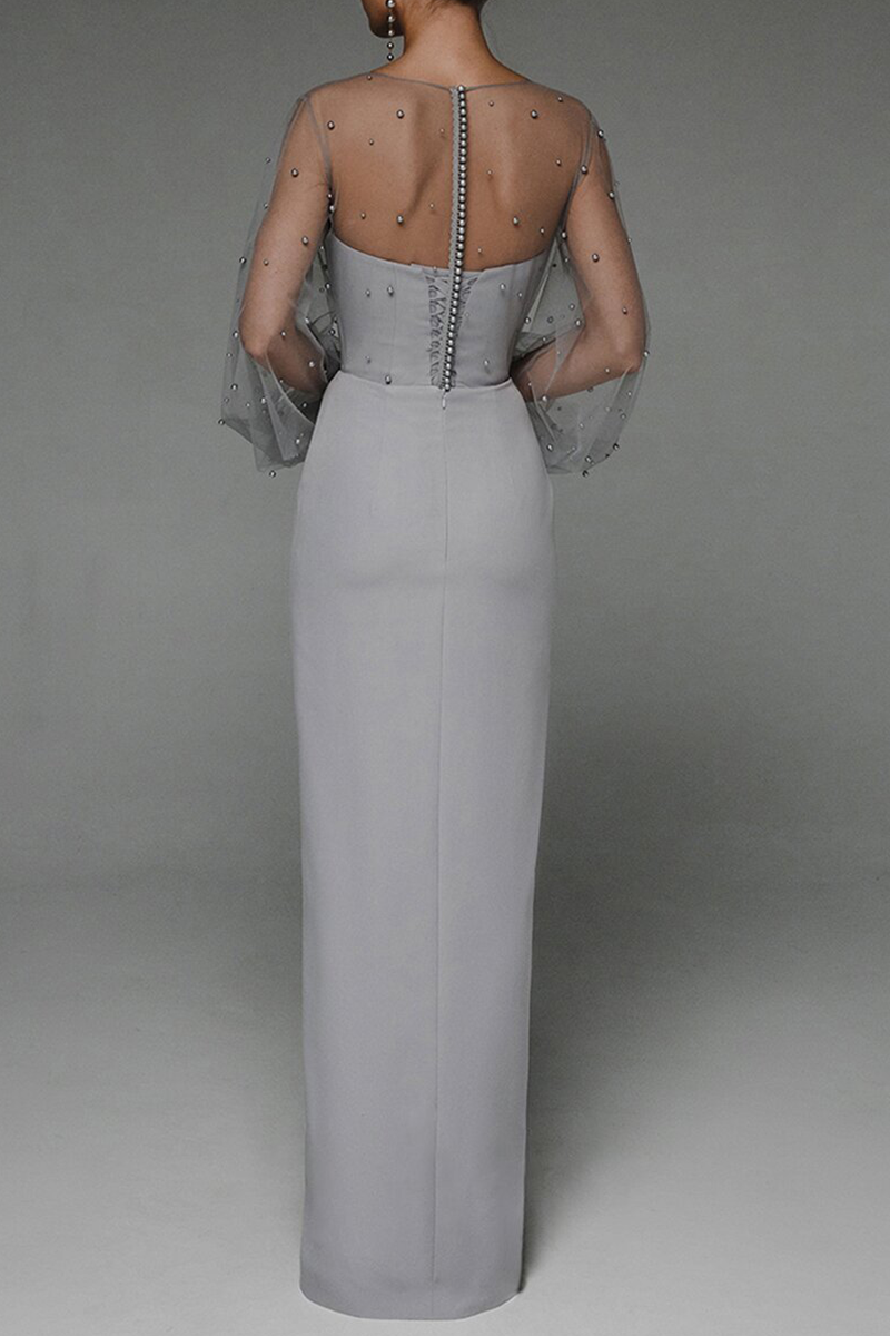 Vestidos de noche elegantes de celebridades con abertura sólida y cuentas de malla sin tirantes 