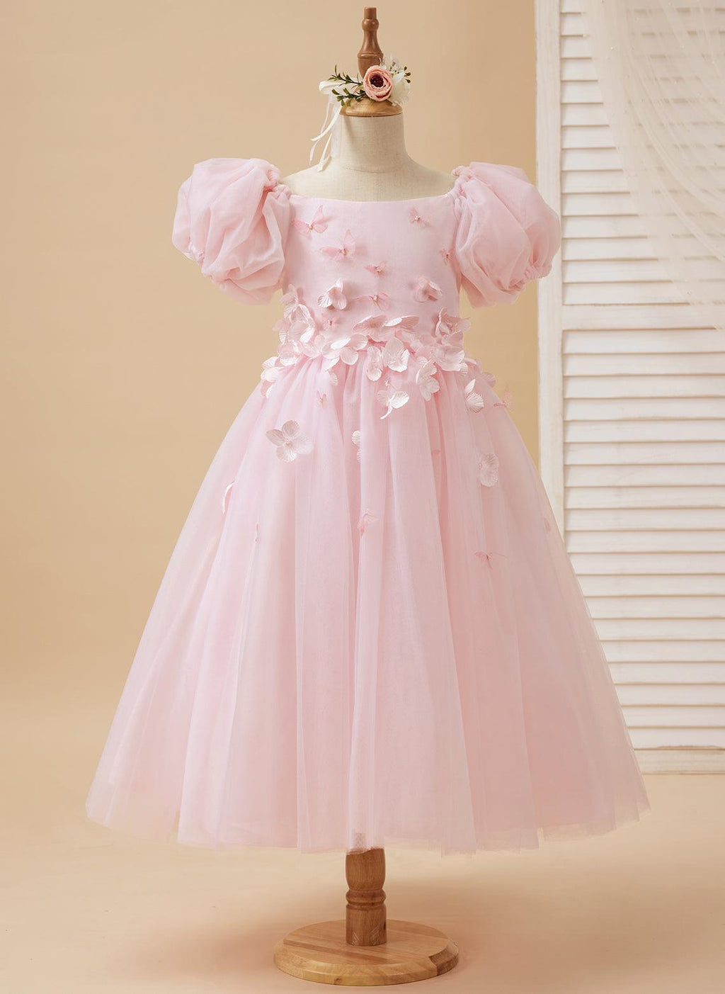 Tulle Tea Length Flower Girl Dress Square Neck Floral Applique Beading