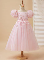 Tulle Tea Length Flower Girl Dress Square Neck Floral Applique Beading