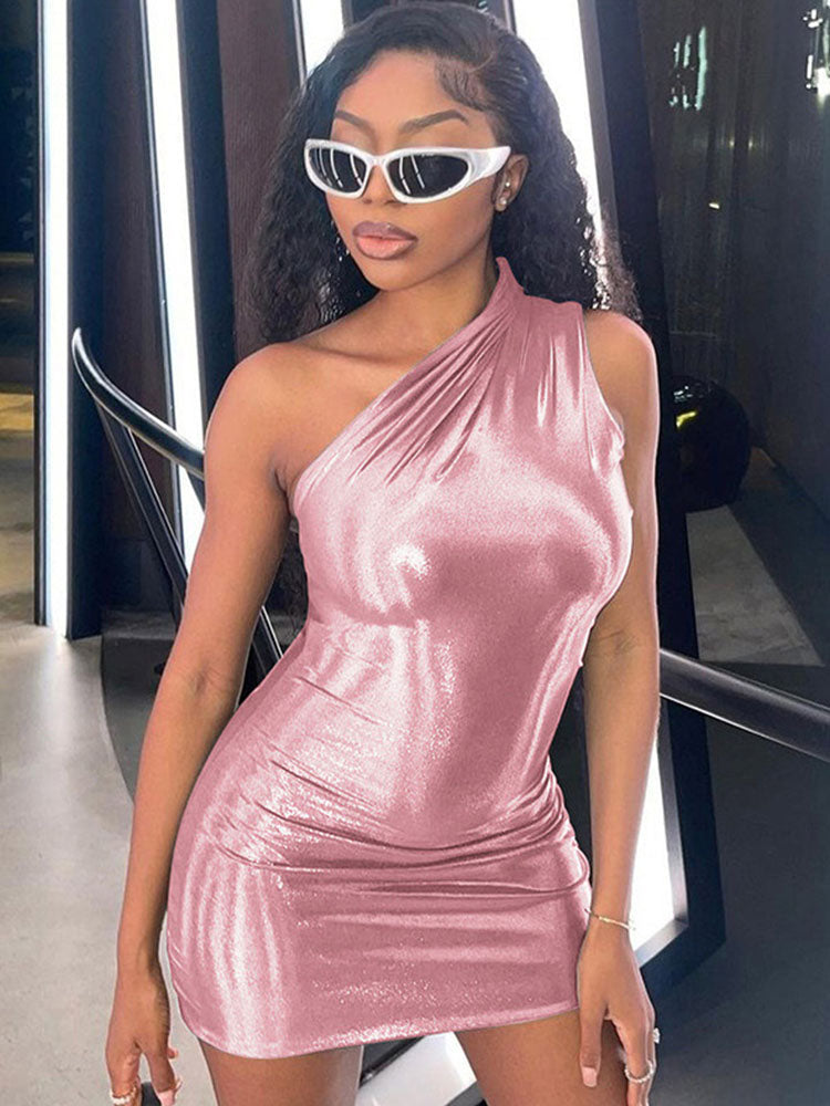 Pu Leder Eine Schulter Ärmellose Drapierte Mini Prom Kleid 2024 Sommer Herbst Frauen Elegante Y2K Abend Party Club Kleidung 