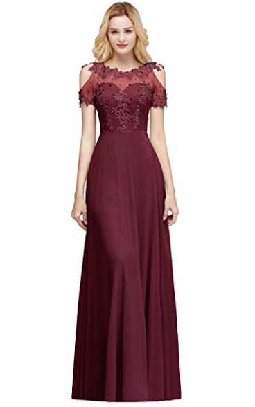 BMbridal Short Sleeve Lace Appliques Chiffon A Line Floor Length Prom Dress