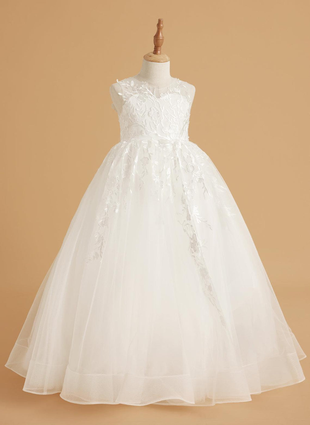 Ivory Lace Flower Girl Dress Tulle Floor Length Sleeveless Gown