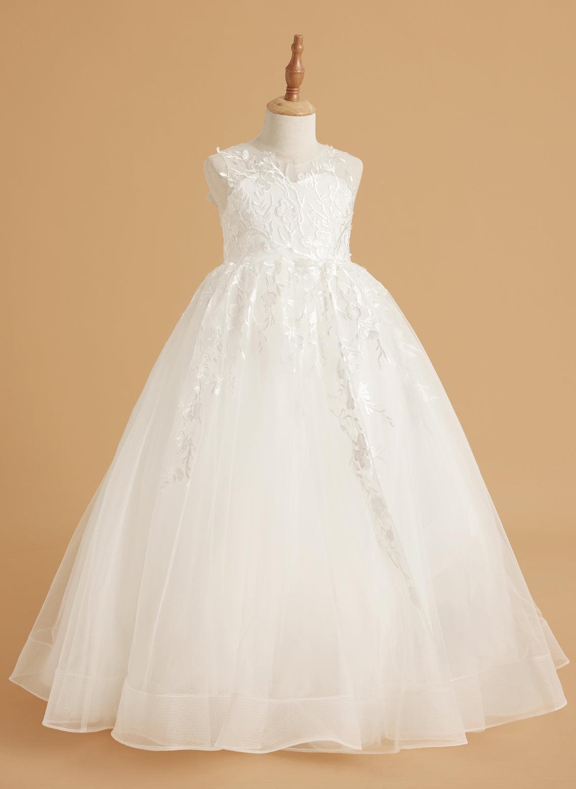 Ivory Lace Flower Girl Dress Tulle Floor Length Sleeveless Gown
