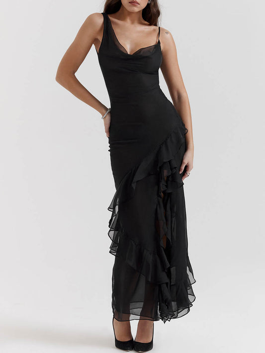 Schwarzes Maxikleid mit Rüschen 