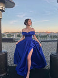 Vestido de Baile Azul Real Bonito em Cetim, Corte em A, Ombros Descobertos, Vestido de Noite Y7643