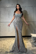 Sequined Mermaid Strapless Prom Dress With Split Front