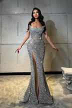 Sequined Mermaid Strapless Prom Dress With Split Front