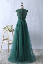 BMbridal Elegant Dark Green Tulle Jewel Prom Dress Sleeveless With Appliques