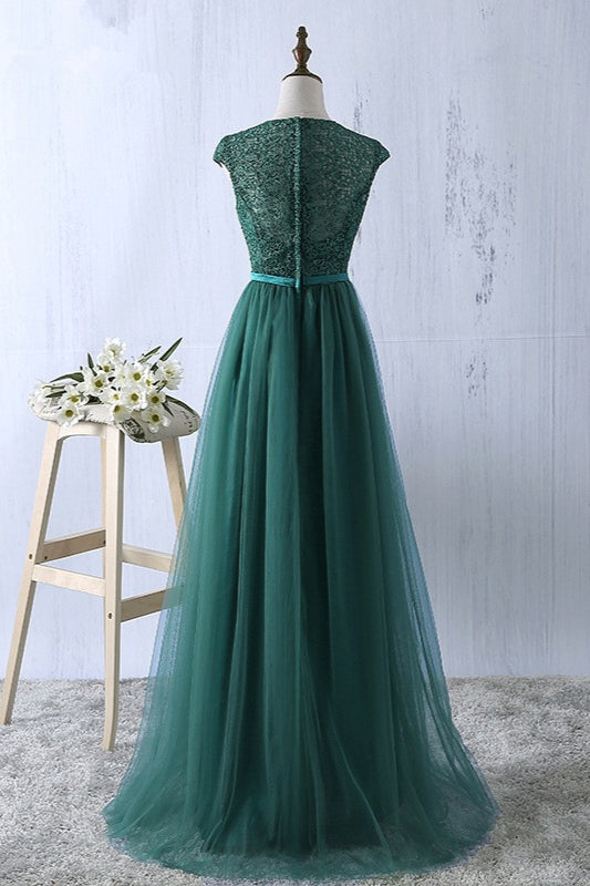 BMbridal Elegant Dark Green Tulle Jewel Prom Dress Sleeveless With Appliques