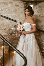 Champagne Tulle Off Shoulder Wedding Dress With Appliques A Line Chapel Train