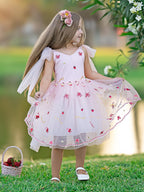 Pink Tulle Knee Length Strawberry Embroidery Flower Girl Dress
