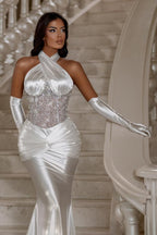 Sequined Mermaid Halter Satin Prom Dresses With Ruffles And Crystals